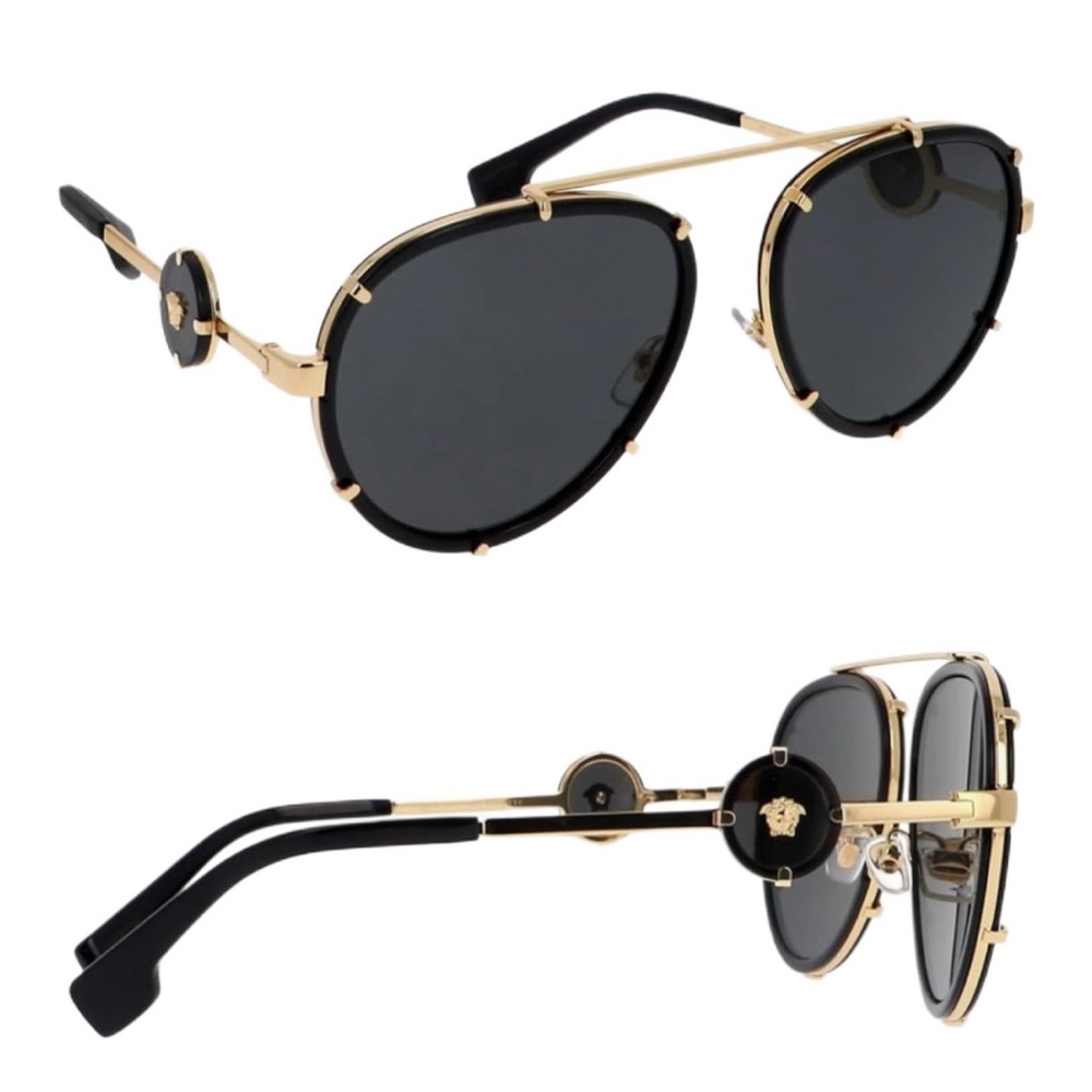 Versace Black & Gold Metal Aviator Sunglasses